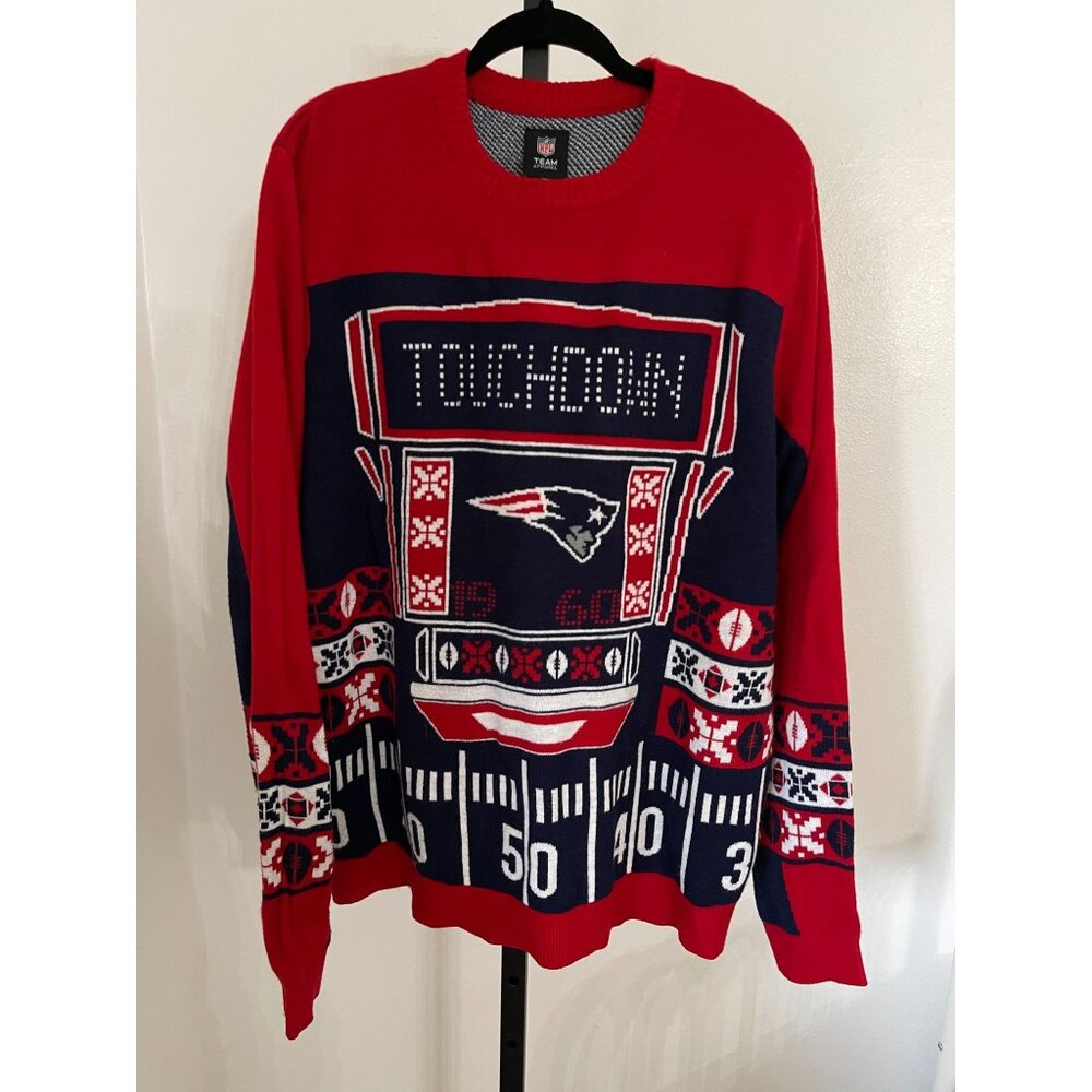 EUC NFL Patriots Sweater Touchdown Design Red & Blue 2XL